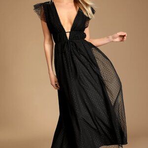 Lulus Yours Evermore Black Swiss Dot Ruffled Midi Dress